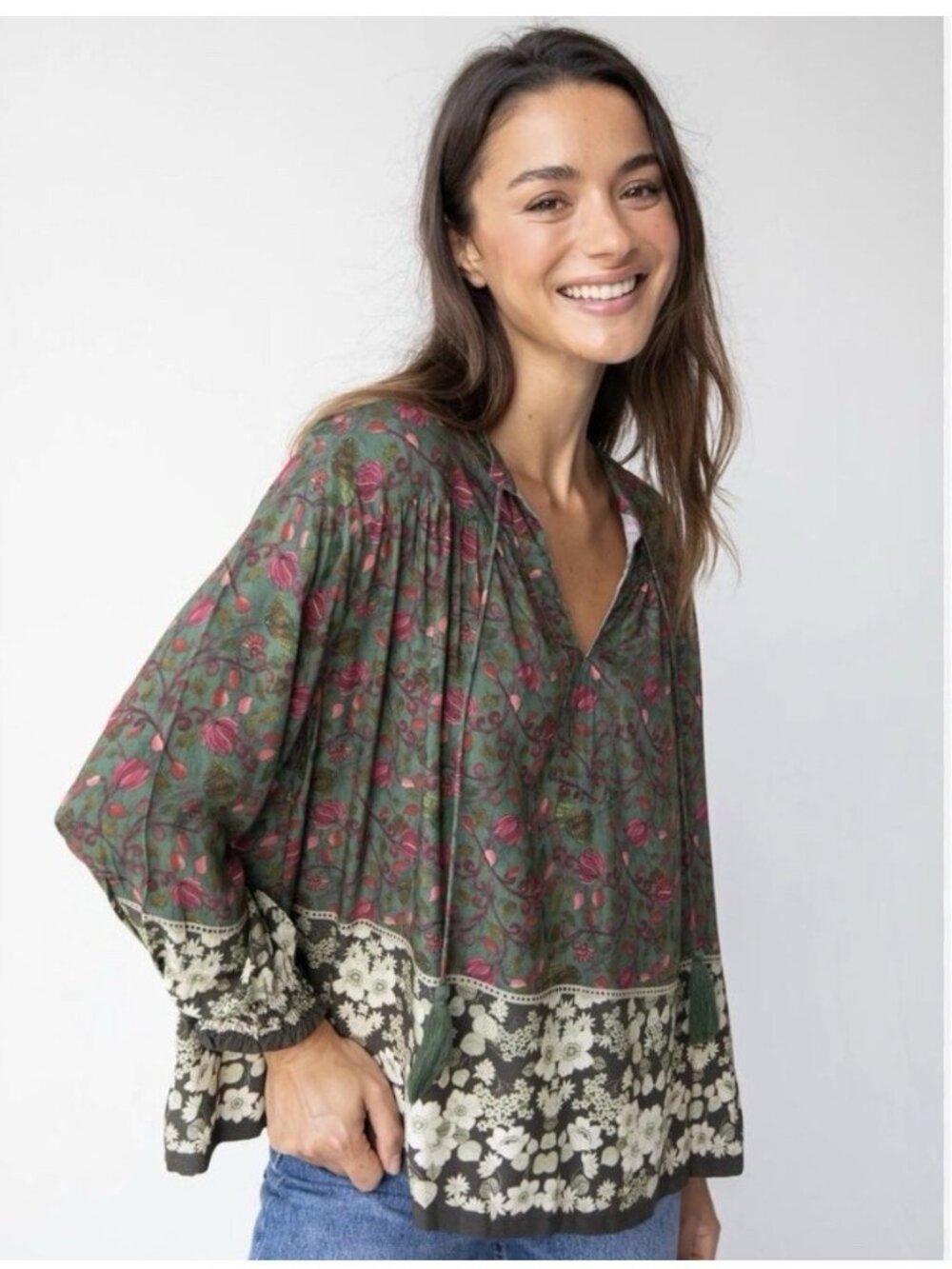 Natural Life Dara Top Sz XL Green Pink Floral Boho Peasant Blouse Shirt Festival - Picture 2 of 4